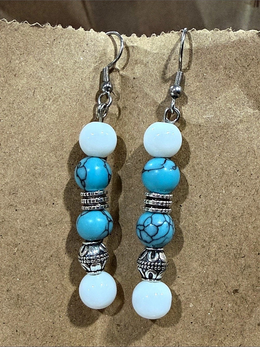 Blue & White Beaded Drop Earrings New Handmade